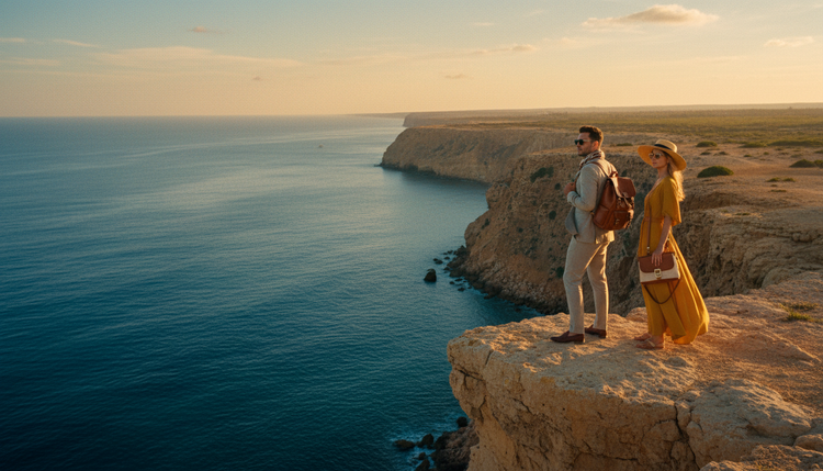 Travellers overlooking a sunlit coastal cliff