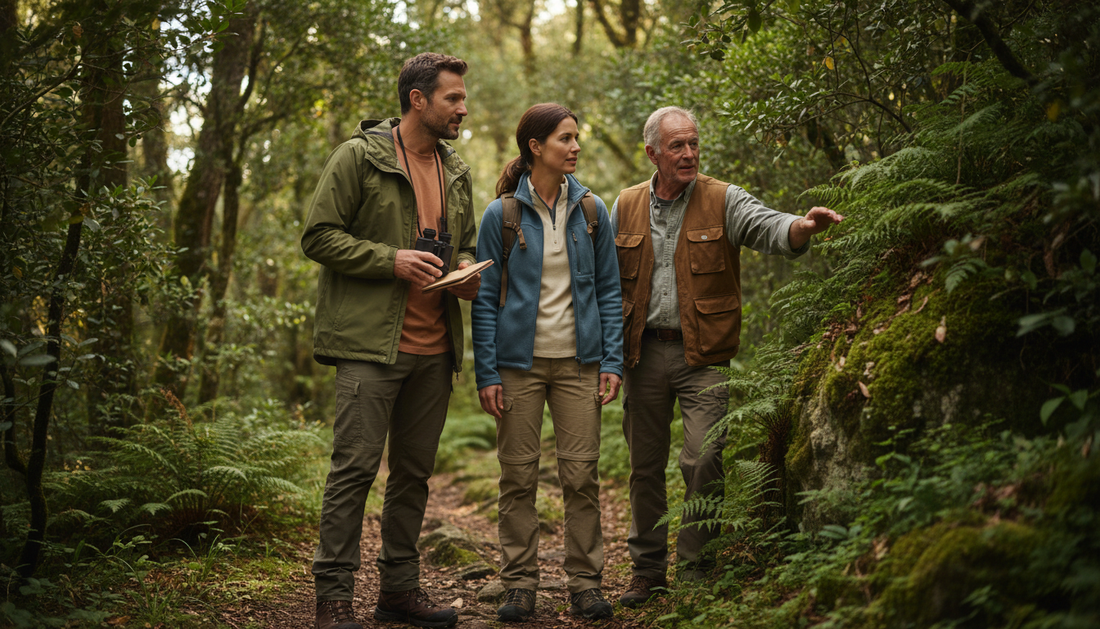 A planner guiding travellers on a forest trail