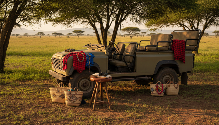 An open safari vehicle beneath acacia trees