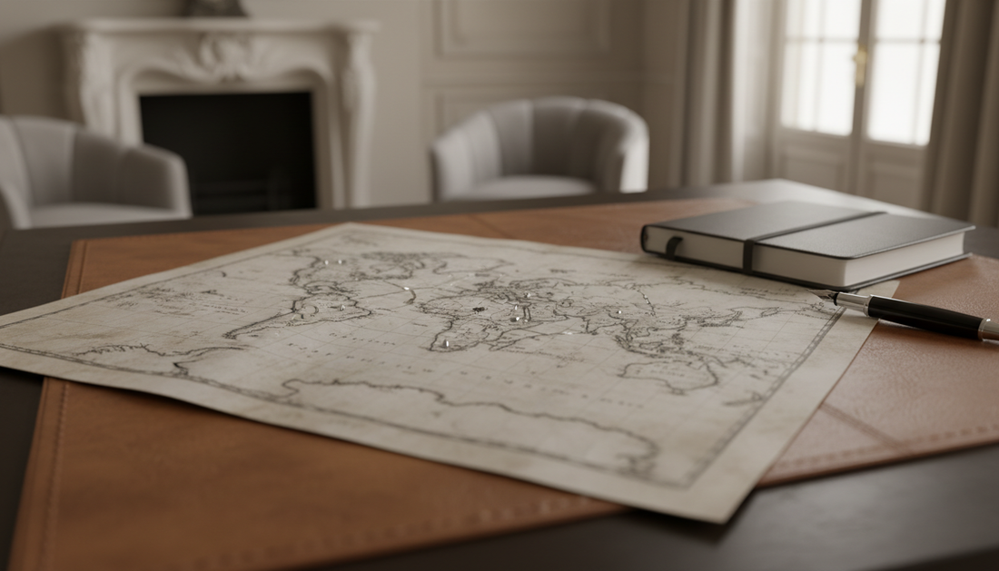 A vintage map and travel journal on a desk