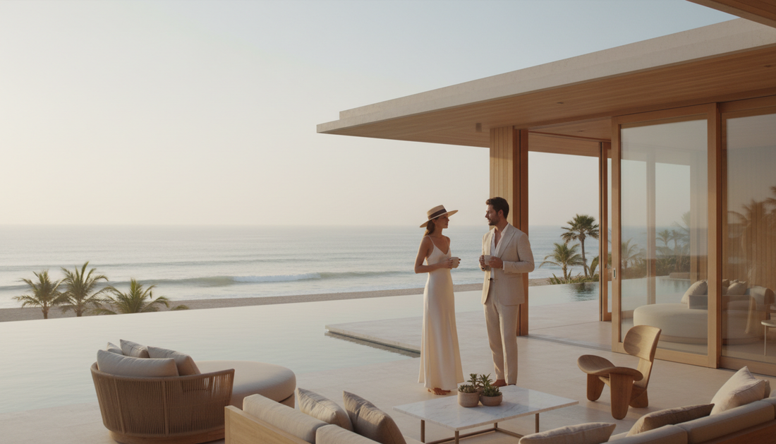 An oceanfront villa terrace at dawn